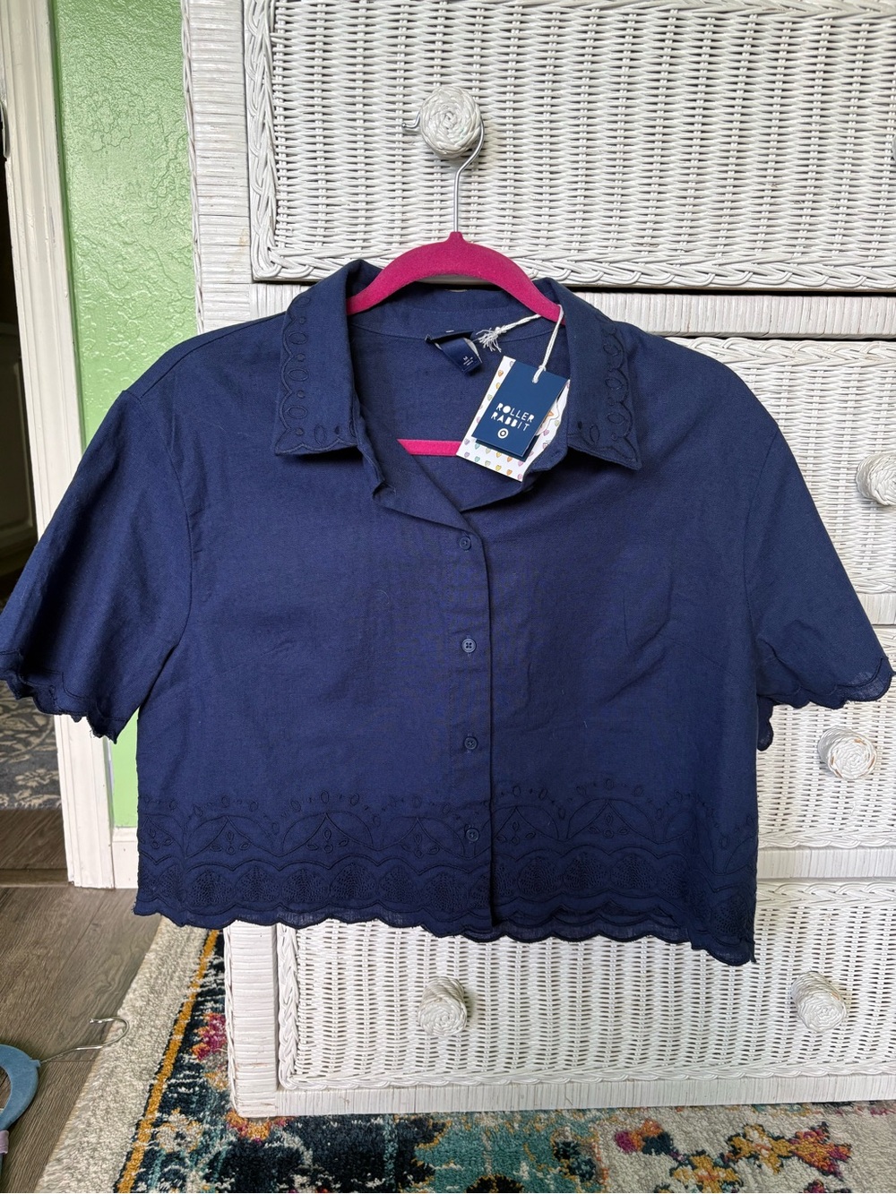 Roller Rabbit Navy Eyelet Cropped Button-Front Top